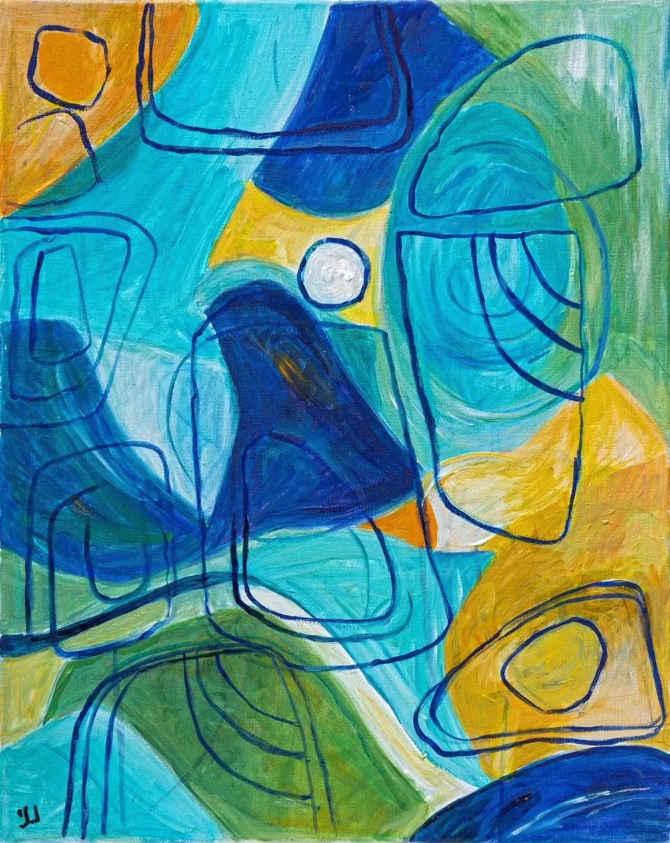 מופשט בכחול וצהוב - רחל אלון - תמונות לחדר שינה שלו ורגוע ציורי שמן  - מק''ט: 435667
