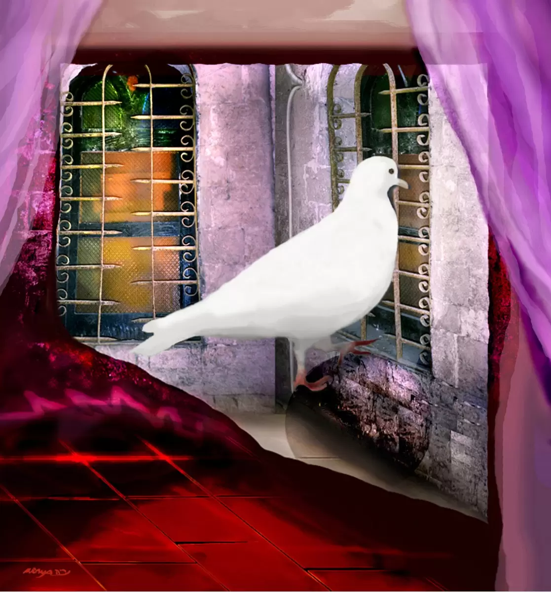 יונה לבנה בחלון - נריה איטקין - מדיה מעורבת מיקס מדיה  - מק''ט: 229845