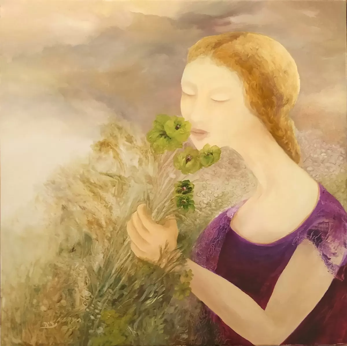נערה בשדה פרחים - נריה איטקין - תמונות לפינת אוכל כפרית איור רישום בצבע  - מק''ט: 414103