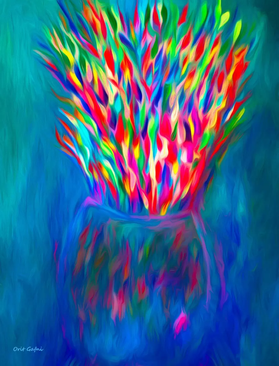 מפץ צבעוני - אורית גפני - תמונות צבעוניות לסלון אבסטרקט פרחוני ובוטני  - מק''ט: 464510