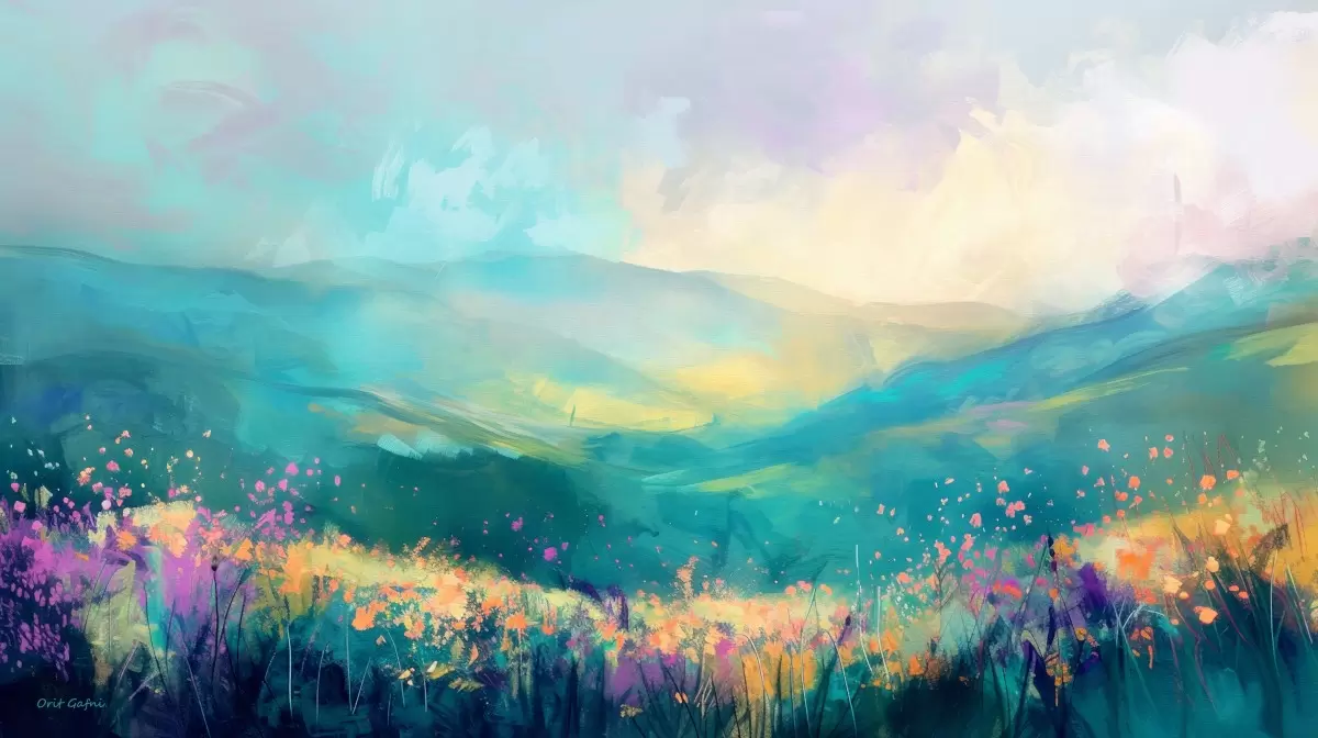 העמק הוא חלום - אורית גפני - תמונות צבעוניות לסלון אבסטרקט פרחוני ובוטני  - מק''ט: 465063