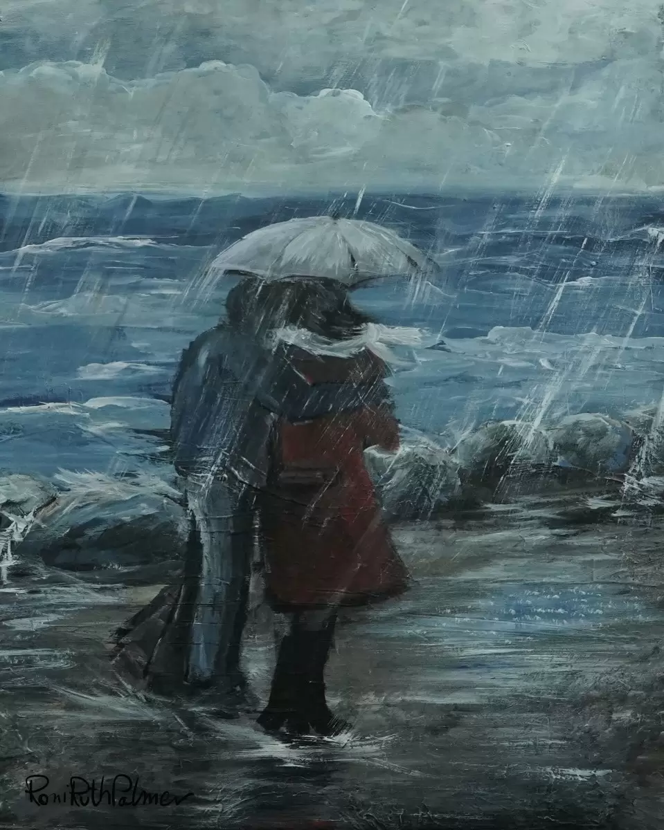 זוג בחוף הים בגשם - רוני רות פלמר - תמונות רומנטיות לחדר שינה מטריות  - מק''ט: 408733