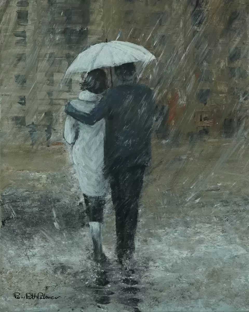 זוג עם מטריה לבנה - רוני רות פלמר - תמונות רומנטיות לחדר שינה מטריות  - מק''ט: 408734