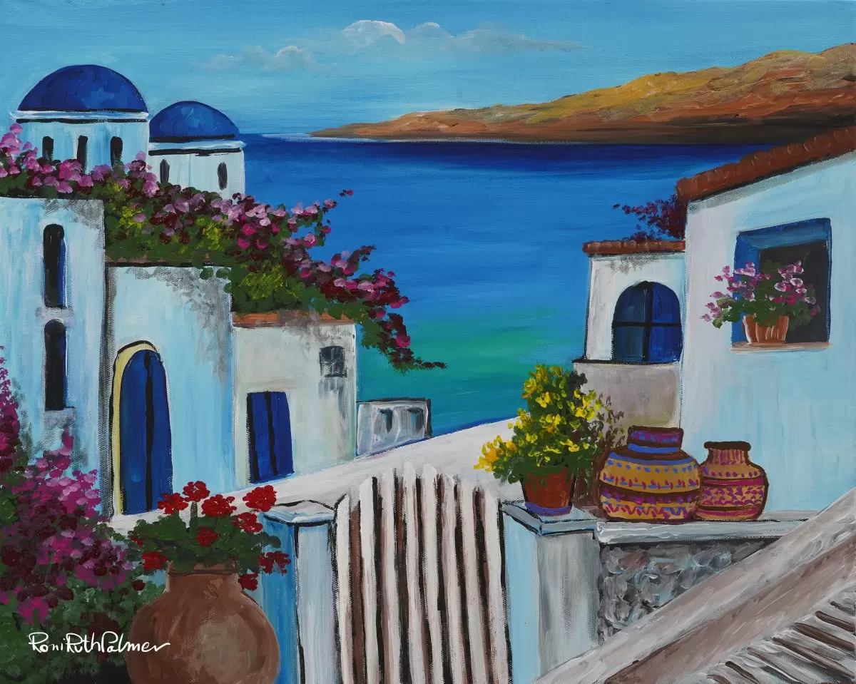 בתים ביוון - רוני רות פלמר - תמונות ים ושמים לסלון  - מק''ט: 425765