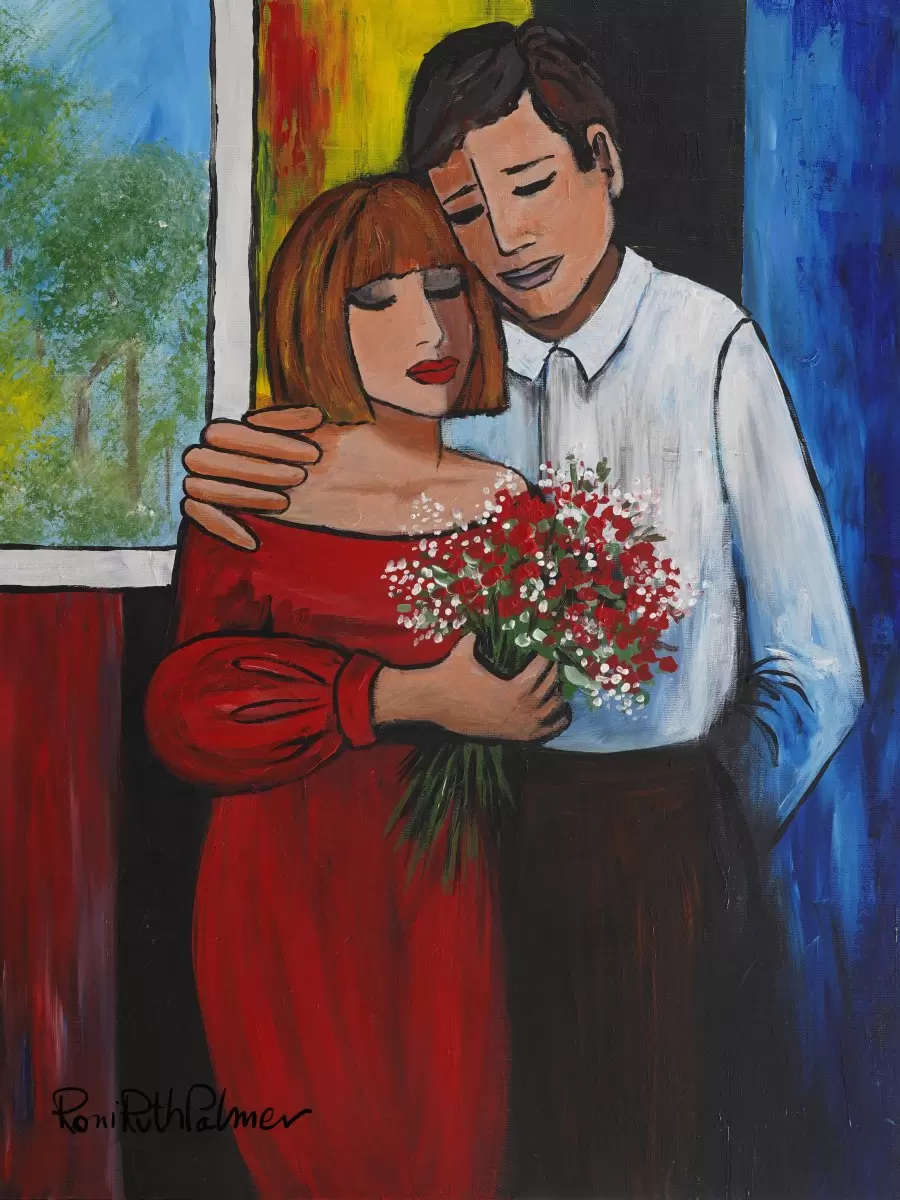 בשמלה אדומה וזר פרחים - רוני רות פלמר - ציורי שמן  - מק''ט: 425843