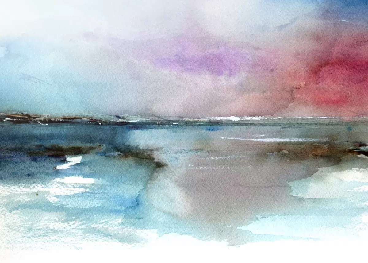 אווירה של ים  - Red סטודיו - תמונות ים ושמים לסלון אבסטרקט בצבעי מים  - מק''ט: 444734