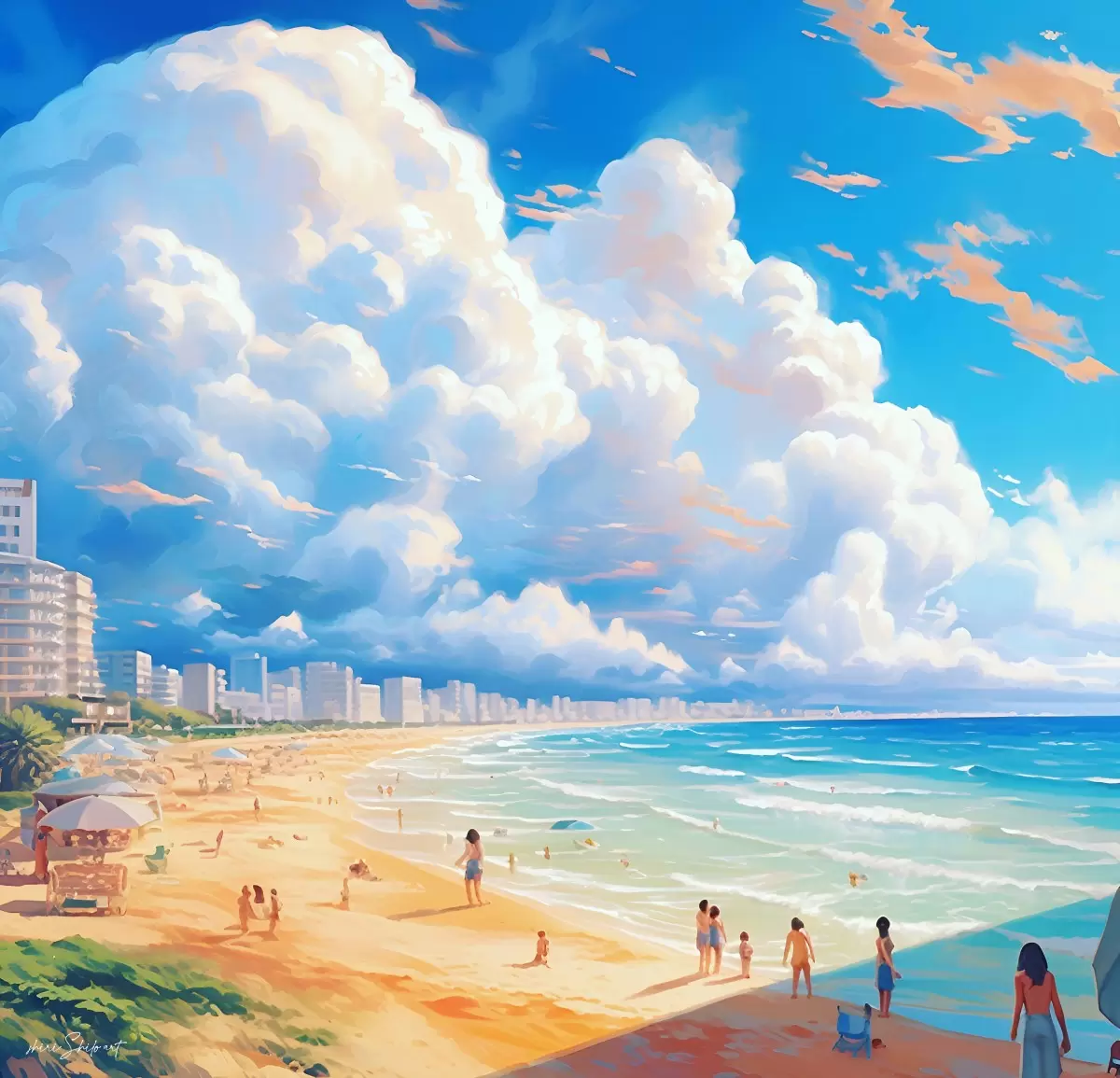 חוף הים המדהים של תל אביב - שירי שילה - תמונות ים ושמים לסלון אמנות נאיבית  - מק''ט: 446266