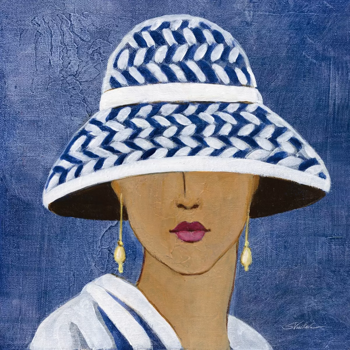 אישה עם כובע כחול לבן - II - Silvia Vassileva - תמונות רומנטיות לחדר שינה וינטג' רטרו  - מק''ט: 385393