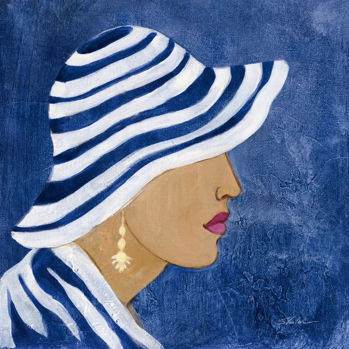 אישה עם כובע כחול לבן - I - Silvia Vassileva - תמונות רומנטיות לחדר שינה  - מק''ט: 385394