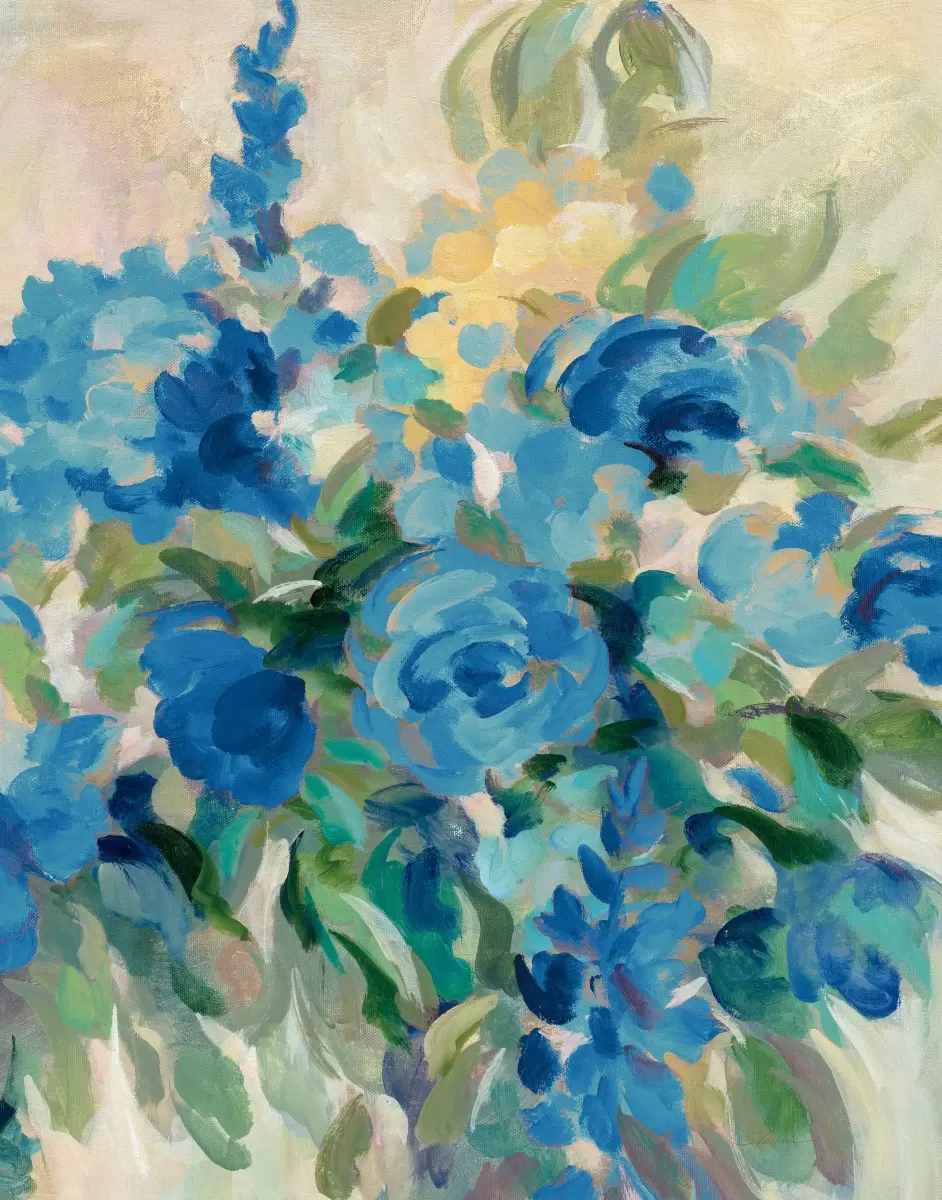 פרחים מופשטים בכחול I - Silvia Vassileva - תמונות לסלון רגוע ונעים אבסטרקט פרחוני ובוטני  - מק''ט: 385425