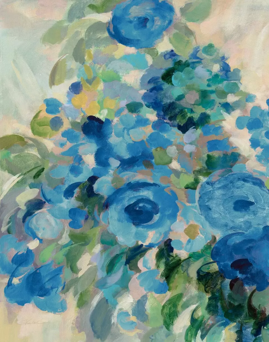 פרחים מופשטים בכחול II - Silvia Vassileva - חדר שינה כחול עמוק אבסטרקט פרחוני ובוטני  - מק''ט: 385429