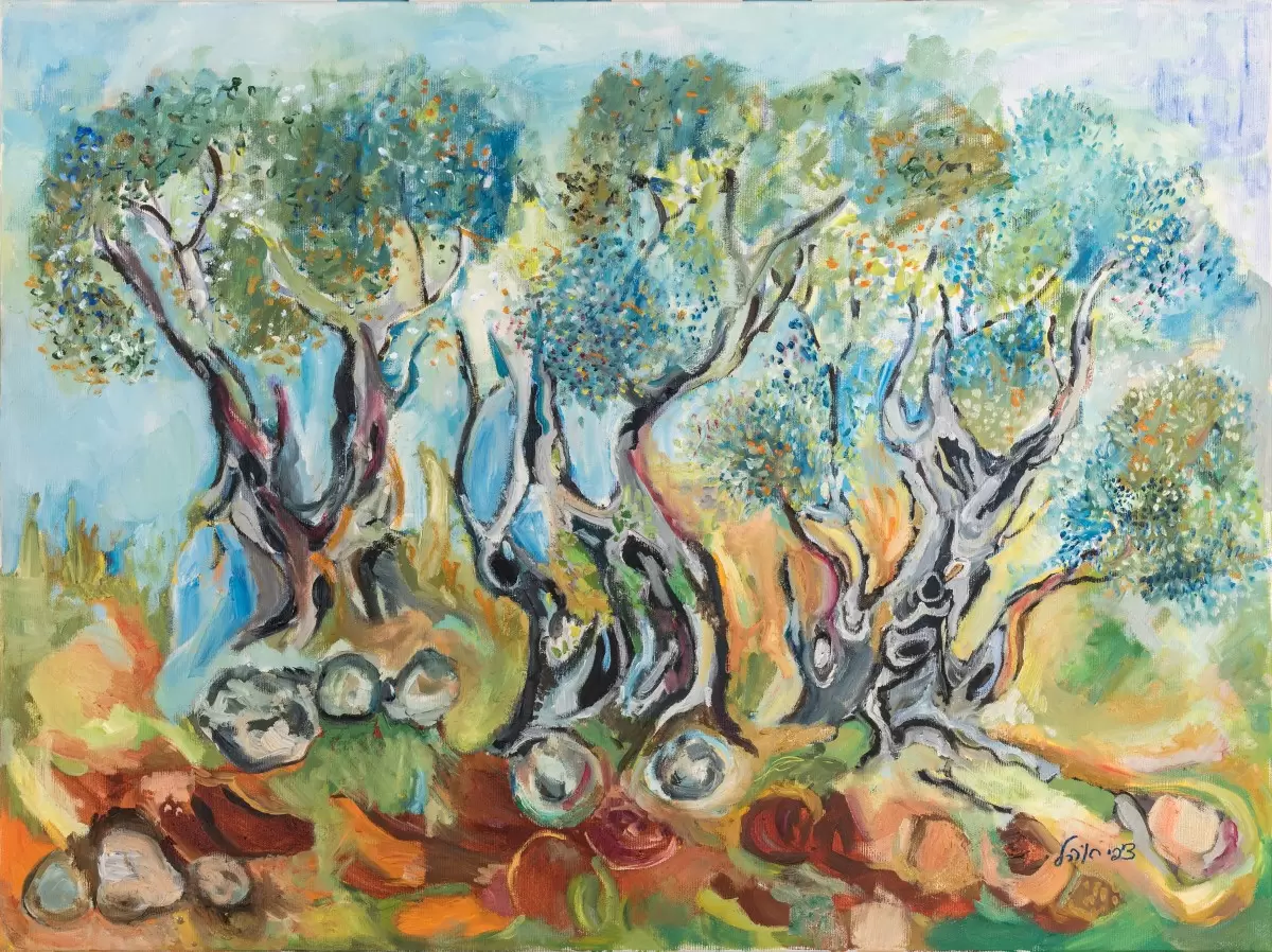 עצי זית באדמה סלעית - ציפי אהל - תמונות קלאסיות לסלון  - מק''ט: 338255