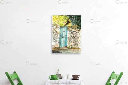 דלת עץ כחולה - חיה וייט - תמונות לסלון כפרי צבעי מים  - מק''ט: 213999