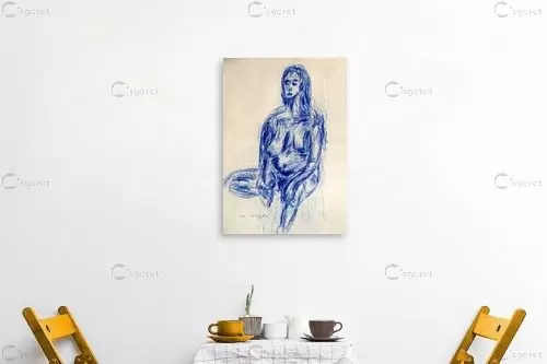 אישה בעירום- בעפרון כחול - עוד קרייטר - איור רישום בצבע  - מק''ט: 85650