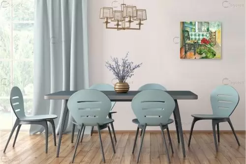 2 כסאות, שולחן וגרניום - חיה וייט - צבעי מים  - מק''ט: 213226
