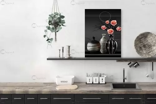 אגרטלים וורדים בשחור לבן III - Artpicked - תמונות למטבח מודרני סטים בסגנון מודרני  - מק''ט: 440160