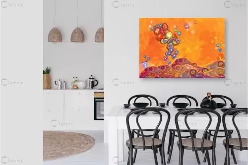 פרפרים ברקע כתום - נעמי פוקס משעול - תמונות צבעוניות לסלון מדיה מעורבת מיקס מדיה  - מק''ט: 57381