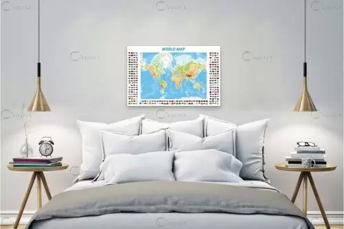מפת עולם פיזית עם דגלים - מפות העולם -  - מק''ט: 198960
