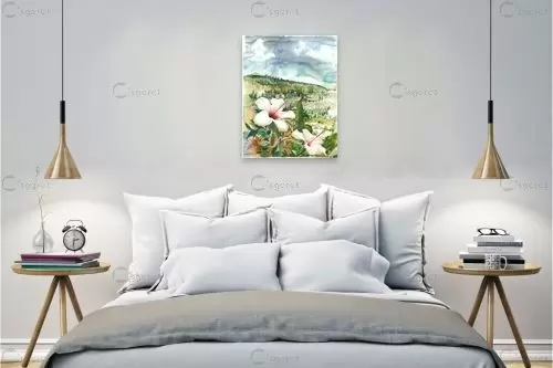 היביסקוס לבן - חיה וייט - תמונות לסלון רגוע ונעים צבעי מים  - מק''ט: 213165