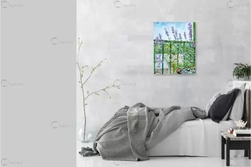 מרווה פורחת בעציץ - חיה וייט - תמונות לסלון רגוע ונעים צבעי מים  - מק''ט: 213160