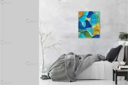 מופשט בכחול וצהוב - רחל אלון - תמונות לחדר שינה שלו ורגוע ציורי שמן  - מק''ט: 435667