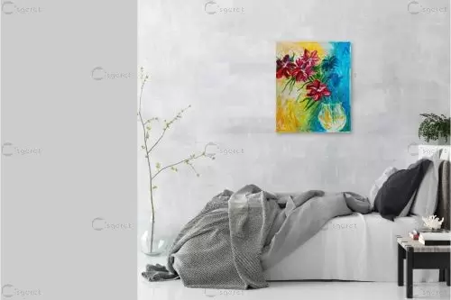 אגרטל באדום וכחול - רחל אלון - תמונות קלאסיות לסלון ציורי שמן  - מק''ט: 435671