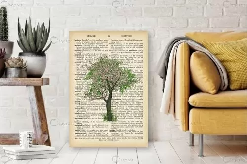 עץ ירוק ורוד רטרו על טקסט - Artpicked - פרחים בסגנון רטרו  - מק''ט: 330044