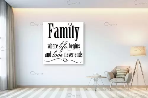 Family Where life begins - מסגרת עיצובים - מדבקות קיר משפטי השראה טיפוגרפיה דקורטיבית  - מק''ט: 240975