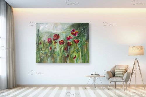 פריחה עדינה באדום – רחל אלון | תמונה לקיר בסגנון כפרי