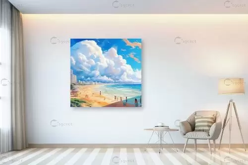 חוף הים המדהים של תל אביב - שירי שילה - תמונות ים ושמים לסלון אמנות נאיבית  - מק''ט: 446266