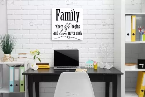 Family Where life begins - מסגרת עיצובים - מדבקות קיר משפטי השראה טיפוגרפיה דקורטיבית  - מק''ט: 240975
