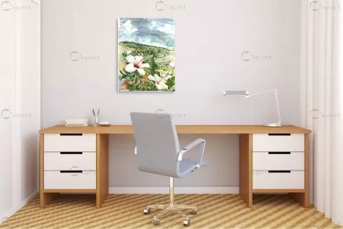 היביסקוס לבן - חיה וייט - תמונות לסלון רגוע ונעים צבעי מים  - מק''ט: 213165
