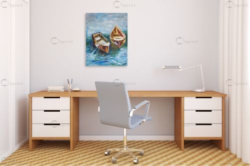 סירות הדיג בים הכחול - רחל אלון - תמונות לסלון רגוע ונעים ציורי שמן  - מק''ט: 409722