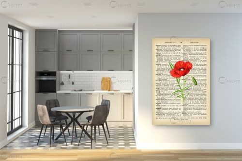 פרג אדום עם זרעים רטרו על טקסט - Artpicked - פרחים בסגנון רטרו  - מק''ט: 330211