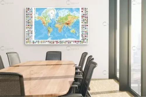 מפת העולם פיזית עם דגלי ארצות - מפות העולם -  - מק''ט: 198959
