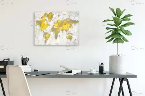 מפת עולם באפור צהוב - Danhui Nai - תמונות לחדר שינה שלו ורגוע מפות מופשטות  - מק''ט: 390041