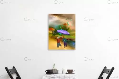 טיול בגשם - נריה איטקין - תמונות לסלון כפרי מטריות  - מק''ט: 170601