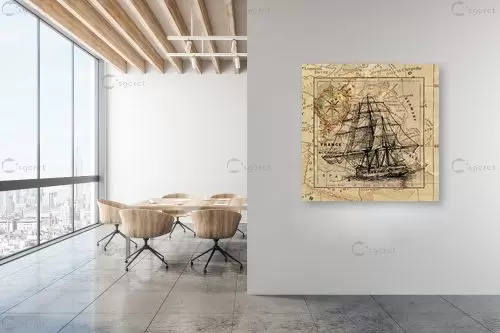 סירת מפרש עתיקה - מפות העולם - תמונות וינטג' לסלון מצפנים  - מק''ט: 351167