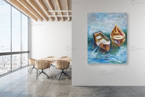 סירות הדיג בים הכחול - רחל אלון - תמונות לסלון רגוע ונעים ציורי שמן  - מק''ט: 409722