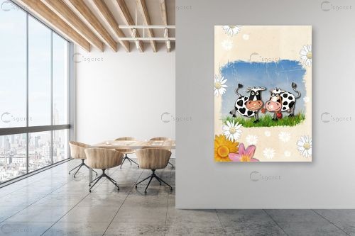 פרות מאוהבות - נעמי פוקס משעול - תמונות לחדרי ילדים מדיה מעורבת מיקס מדיה  - מק''ט: 53324