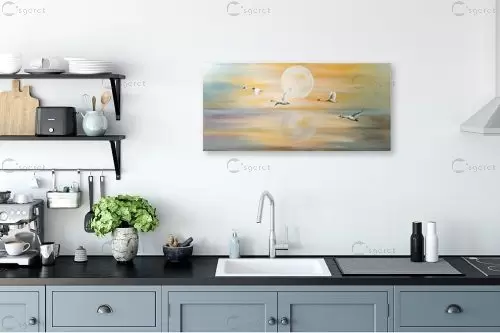 נוף עם ארבעה עגורים – דיאנה שדה | תמונה לקיר בסגנון כפרי