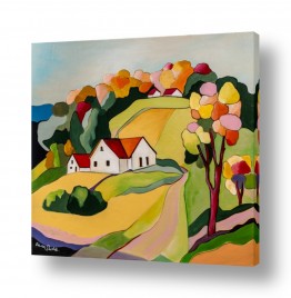 ציורי נוף על קנבס שבילים | נוף כפרי נאיבי עם עץ