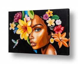 ציפורים יונק הדבש | נערה עם פרחים על רקע שחור