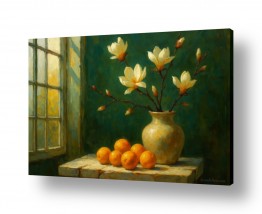 פירות הדר תפוזים | טבע דומם באור זהוב