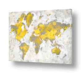 ציורי אבסטרקט מפות מופשטות | מפת עולם באפור צהוב