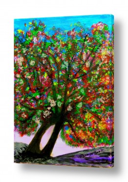 ציורי שמן - נוף עצים שיחים ופרחים | פריחה אביבית