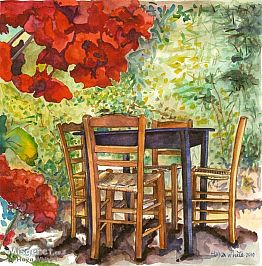 שולחן עם פרח אדום