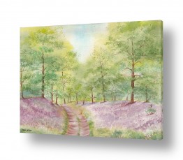 ציורים ענבל אשואל | נוף עצים ופריחה סגולה
