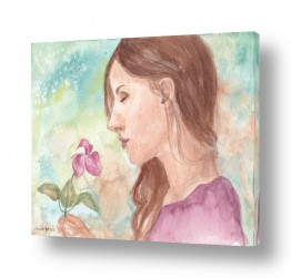 ציורים ענבל אשואל | אישה יפה מריחה פרח