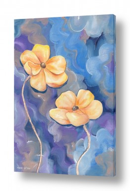 ענבל אשואל ענבל אשואל - ציור בצבעי מים, אקריליק ושמן - שלווה | פרחים ברקע אבסטרקט